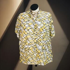 Alfred Dunner Blouse Womens 18W Geometric White Yellow Gray Button Up Short Slv